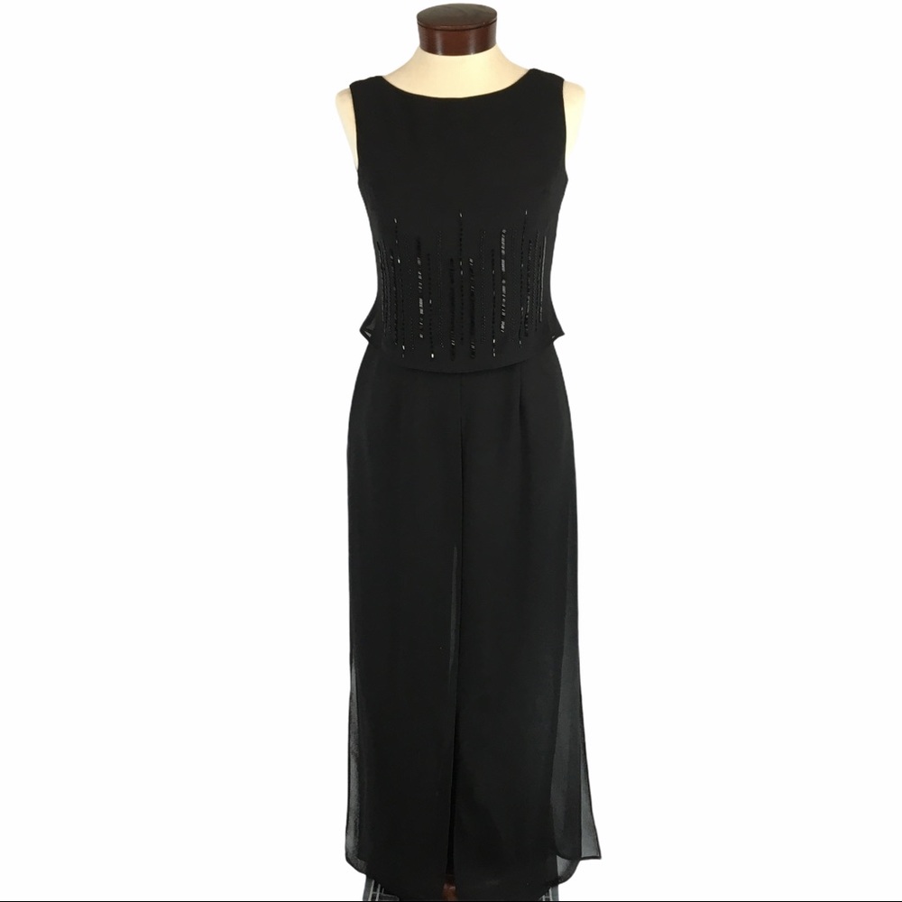 J.R.Nites Black Beaded Chiffon Evening Jumpsuit 4P